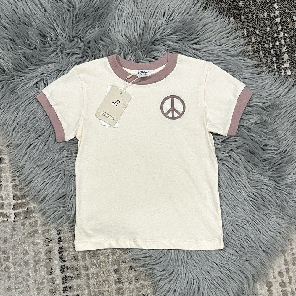 Polished Prints Girls "Embroidered Peace Sign" Ringer Tshirt Size 3T In Woodrose